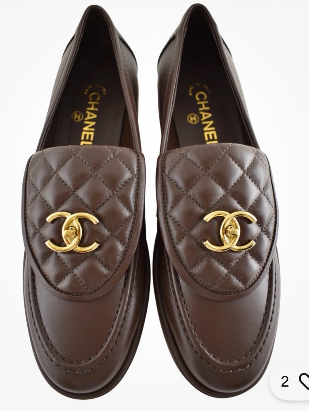 CHANEL Brown Quilted Leather Slip-On Loafers with Gold CC Emblem